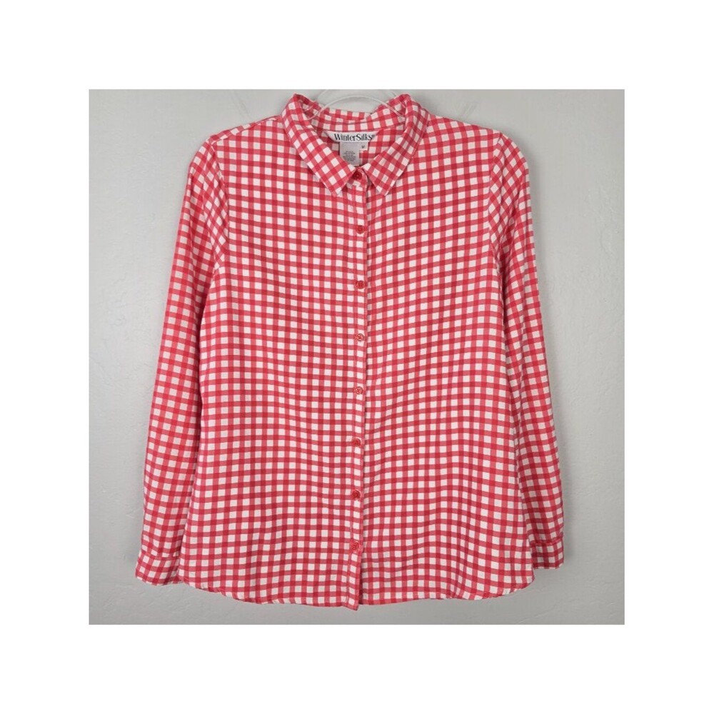 WinterSilks Button Shirt Silk Cotton Long Sleeve Gingham Plaid Red White Size M